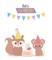 gelukkige verjaardag, schattige eekhoorn en muis met feestmutsen en taartvieringsdecoratie cartoon vector