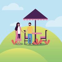 vrouw en man in het park met paraplu tafel vector ontwerp