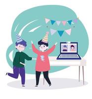 online feest, vrienden ontmoeten, jonge mannen met hoeden en mensen op laptop verbonden vieren vector