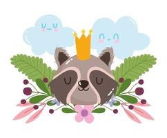 schattige dieren wasbeer met kroon bloemen gebladerte natuur decoratie cartoon vector