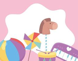 kinderspeelgoed object grappig cartoon paard pianobal en vuurrad vector