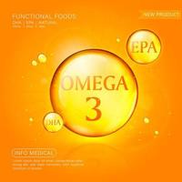 visolie-advertentiesjabloon, omega-3-softgel met zijn pakket. oranje achtergrond. 3D-afbeelding. vector