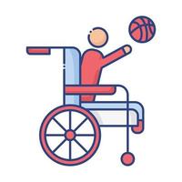 man spelen basketbal in rolstoel gehandicapte platte stijlicoon vector