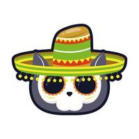 traditionele Mexicaanse kat schedel hoofd met mariachi hoed plat stijl pictogram vector illustratie ontwerp