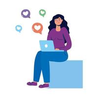jonge vrouw zittend met behulp van laptop met social media iconen vector