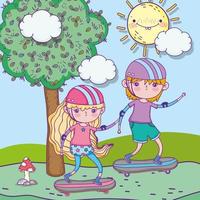 gelukkige kinderdag, jongen en meisje skateboard rijden in het park vector