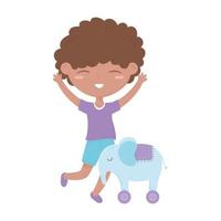 kids zone, schattige kleine jongen olifant met wielen speelgoed cartoon vector