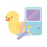 kids zone, duck video game portable en potloden kleurenspeelgoed vector