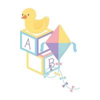 kids zone, alfabet blokken eend vlieger speelgoed cartoon vector