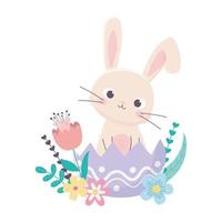 gelukkige paasdag, konijn in eierschaalbloemen verlaat decoratie vector
