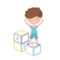 kids zone, schattige kleine jongen op alfabet blokken speelgoed vector