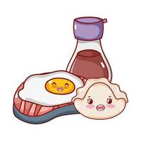 kawaii gebakken eierkoekje en sake food japanse cartoon, sushi en broodjes vector