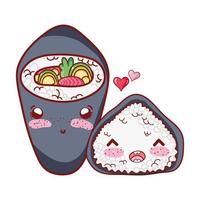 kawaii temaki en rijstbroodje houden van eten Japanse cartoon, sushi en broodjes vector