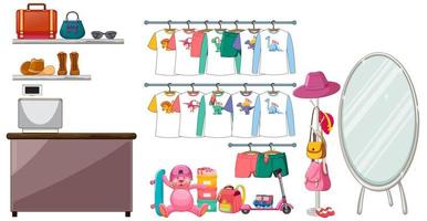 kinderkleding opknoping op kledingrek met accessoires op witte achtergrond vector