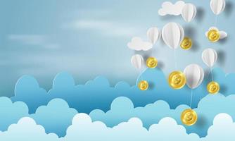 papierkunst van ballonnen als wolken op blauwe hemelbanner met bitcoins vector