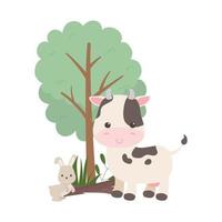camping schattige koe en konijn boom bos natuur cartoon vector