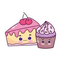 schattig eten cupcake en plak cake kersen zoet dessert gebak cartoon geïsoleerde ontwerp vector