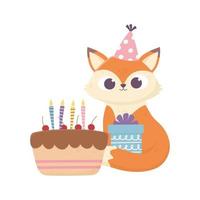 gelukkige dag, kleine vos zittend met cadeau en cake vector