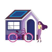 milieuvriendelijk vervoer, jonge vrouw met fiets, huis met zonnepaneel duurzame energie vector