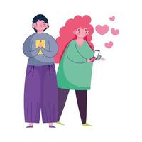mensen en smartphone, paar met behulp van mobiel en vrouw liefde harten cartoon vector