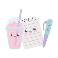 schattig Kladblok-pen en milkshake kawaii stripfiguur vector