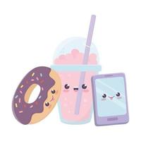 smartphone donut en kawaii stripfiguur vector