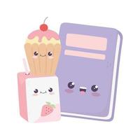 schattig boek cupcake en doos sap kawaii stripfiguur vector