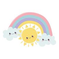 schattige zon regenboog wolken hallo kawaii stripfiguur vector