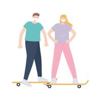 mensen met medisch gezichtsmasker, man en vrouw samen skaten, stadsactiviteit tijdens coronavirus vector