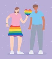 lgbtq-gemeenschap, vrouw met regenboogrokkleuren en hartjongenscartoon, homoparade protest tegen seksuele discriminatie vector