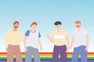 lgbtq-gemeenschap, viering van de regenboogvlag van jonge groepsmensen, homoparade protest tegen seksuele discriminatie vector