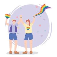 lgbtq-gemeenschap, gelukkige man en vrouw met regenboogvlaggen, homoparade protest tegen seksuele discriminatie vector