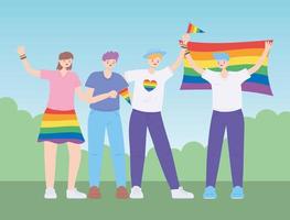 lgbtq-gemeenschap, mensen knuffelen met een regenboogvlag, homoparade protest tegen seksuele discriminatie vector