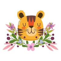 schattige tijger hoofd dier bloemen gebladerte natuur decoratie cartoon vector