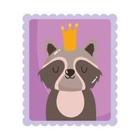schattige wasbeer met kroondieren cartoon postzegel vector