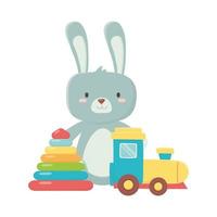 kinderspeelgoed kleine konijntjes trein en piramide-object grappige cartoon vector