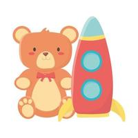 kinderspeelgoed teddybeer en raketobject grappige cartoon vector