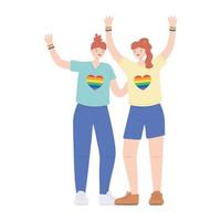lgbtq gemeenschapstrots, lesbische vrouwen die shirts met regenboogharten dragen geïsoleerde pictogramontwerp vector