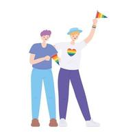lgbtq-gemeenschapstrots, jonge mannen met ontwerp van het regenboogvlag geïsoleerde pictogram vector