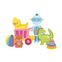 speelgoedobject voor kleine kinderen om te spelen cartoon eend robot dinosaurus konijn bal rammelaar trommel en beer vector