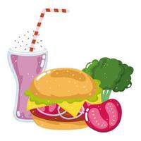 fast food menu restaurant ongezonde hamburger milkshake tomaat en broccoli vector
