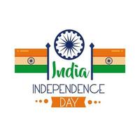 onafhankelijkheidsdag india viering met ashoka chakra en vlaggen platte stijlicoon vector