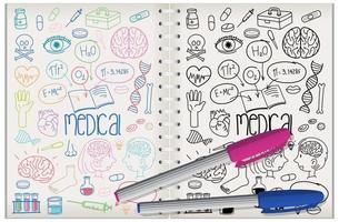 set van medische element doodle op notebook vector