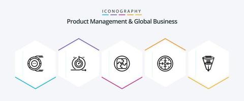 Product beheer en globaal bedrijf 25 lijn icoon pak inclusief operatie. doelen. snel. stadia. planning vector