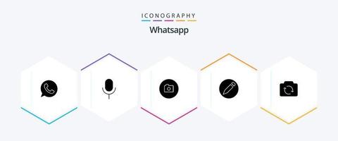 WhatsApp 25 glyph icoon pak inclusief eenvoudig. camera. camera. tekst. eenvoudig vector