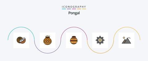 pongal lijn gevulde vlak 5 icoon pak inclusief zon. mijlpaal. versieren. gizeh. holi vector