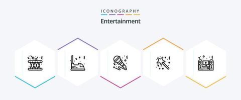 vermaak 25 lijn icoon pak inclusief ster. magie. voertuig. instrument. geluid vector