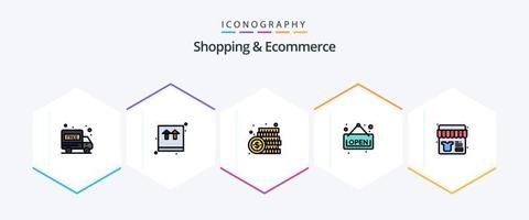 boodschappen doen en ecommerce 25 gevulde lijn icoon pak inclusief winkelen. uitverkoop. munteenheid. winkel. Open vector