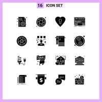 16 thematisch vector solide glyphs en bewerkbare symbolen van camera lenzen camera accessoires liefde geluid module bewerkbare vector ontwerp elementen