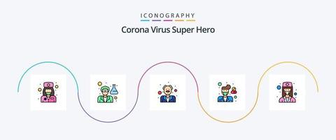 corona virus super held lijn gevulde vlak 5 icoon pak inclusief meisje. apotheek. avatar. apotheker. mannetje vector